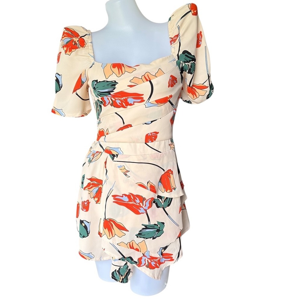 Autumn Palette Cottagecore Cream Floral Mini Dress Puffed Sleeves Ruched Size XS